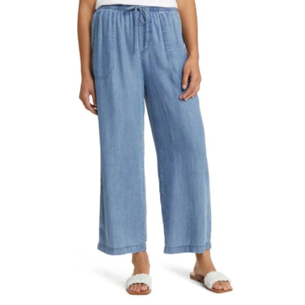 BEACH LUNCH LOUNGE Chambray Drawstring High waisted Pants 100% Lycocell SIze L